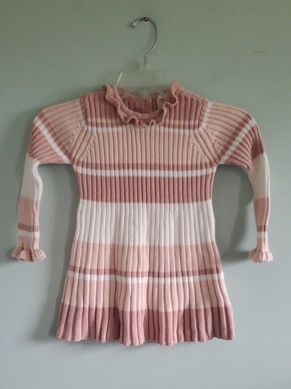 Girls' Pink & Cream Ribbed Stripe Dress with Ruffle Collar